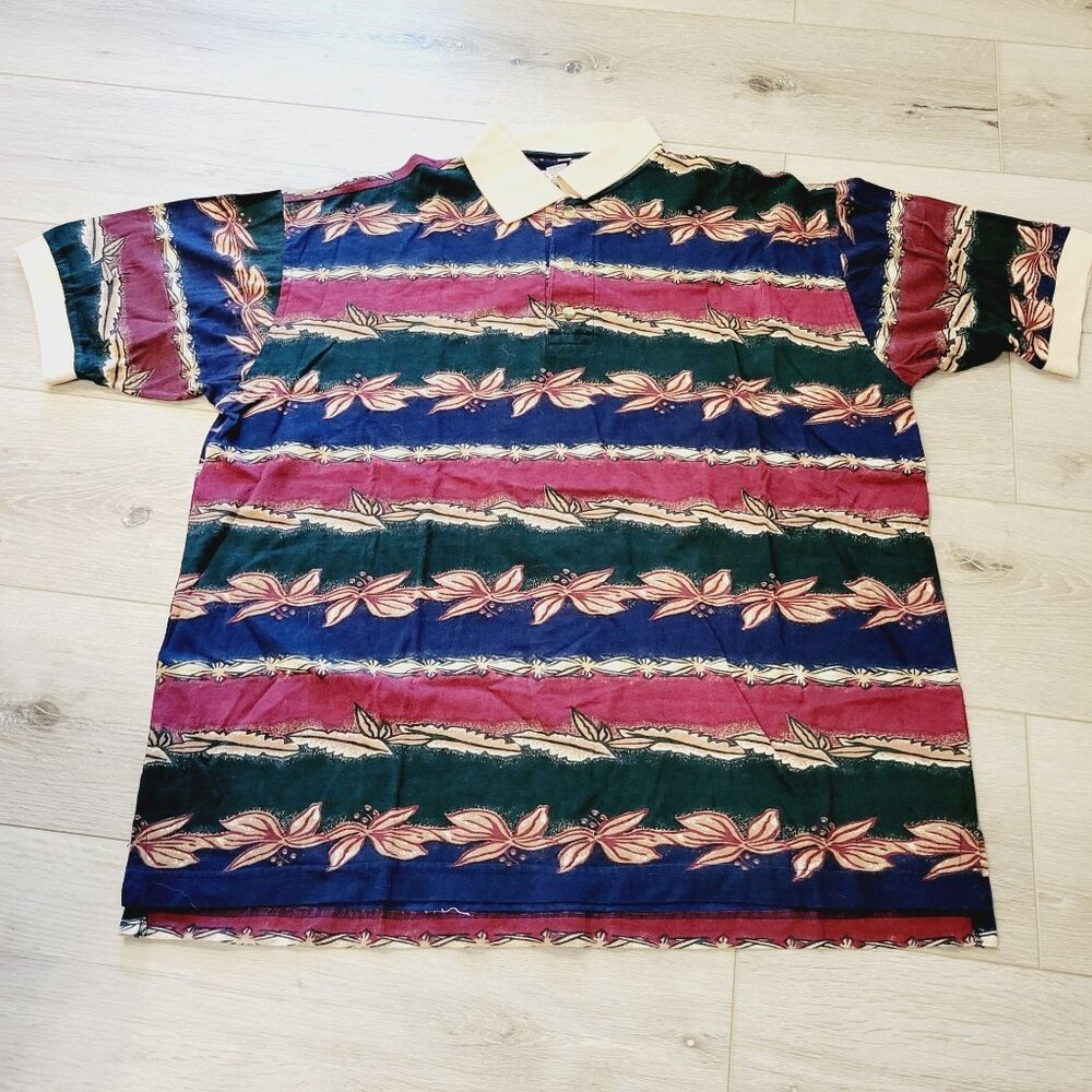 Vtg Mens Sauce by Berne Polo Tropical Floral Striped Short Sleeve Shirt Sz M